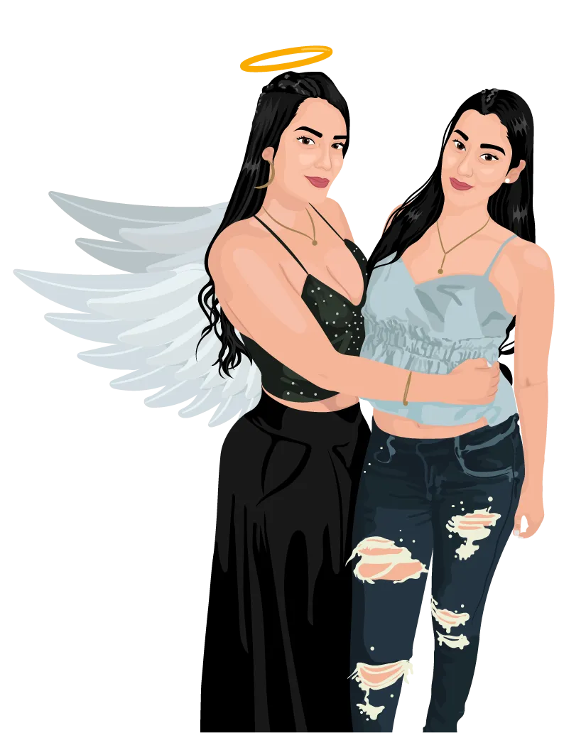 Dos hermanas, una de ellas con alas de ángel