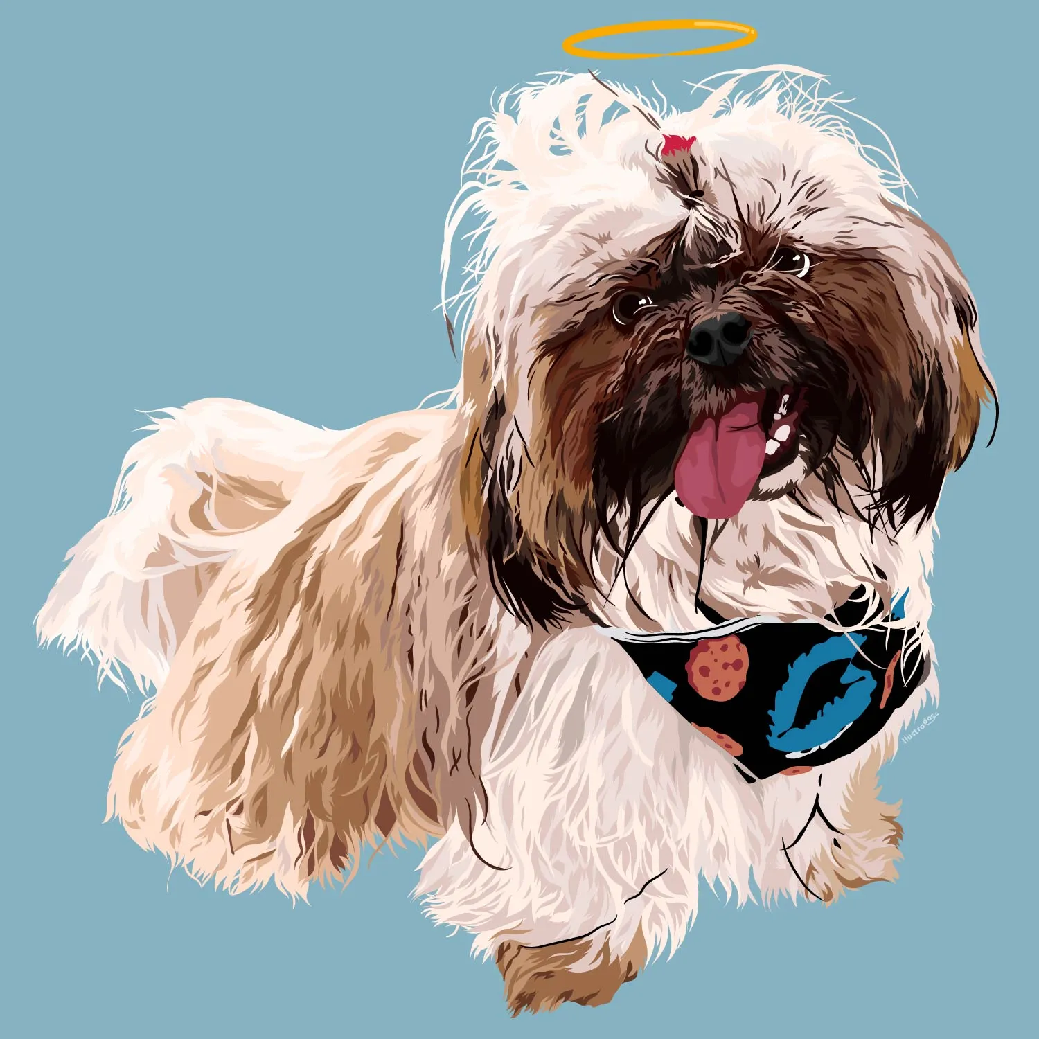 Shih tzu con halo y pañoleta, ilustrado en su memoria