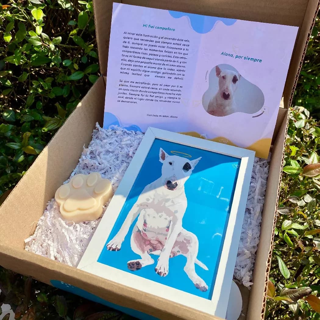 Kit memorial con portarretrato blanco de un bull terrier con halo, vela en forma de huella y tarjeta