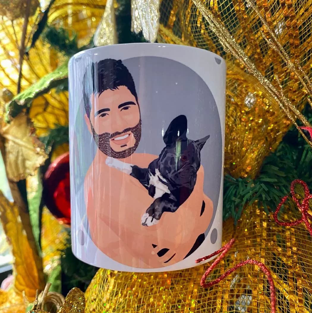 Mug blanco con la ilustración de un hombre abrazando a su bulldog francés
