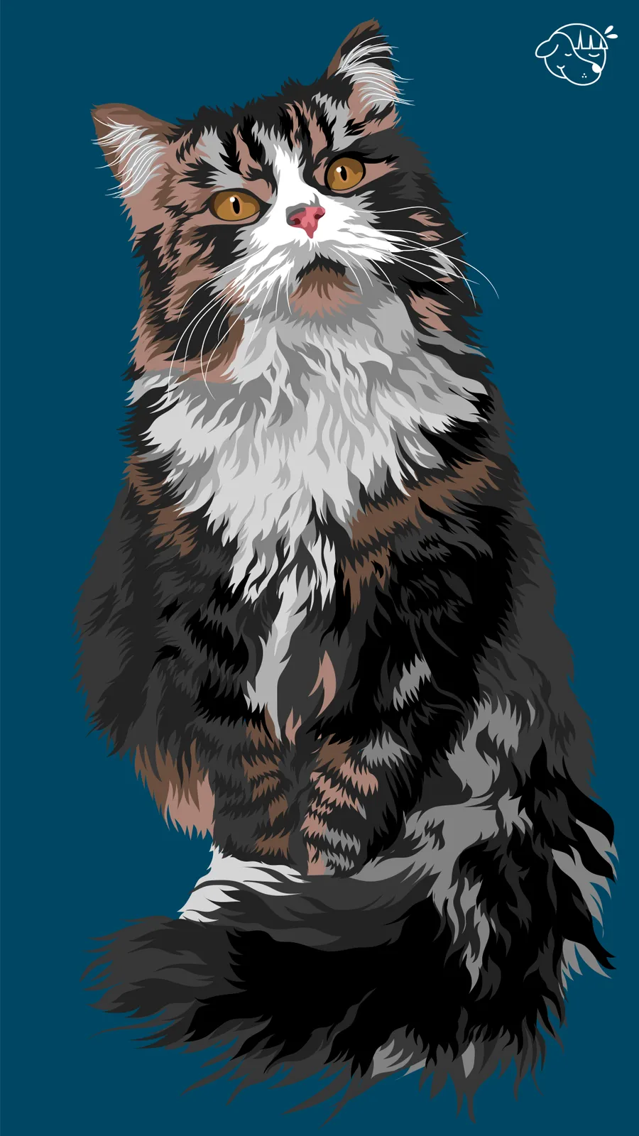 Ilustración digital de un gato de pelo largo sobre fondo azul