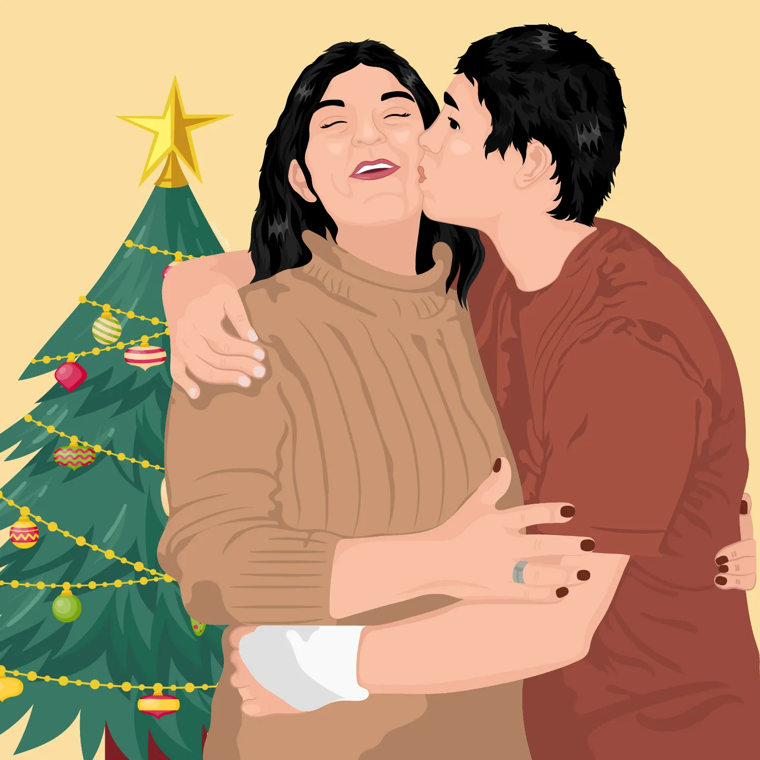 Pareja abrazada en Navidad ilustrada